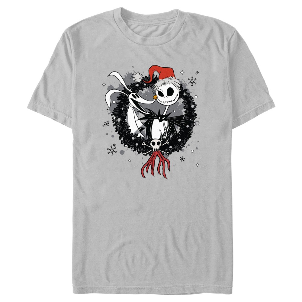 Men's The Nightmare Before Christmas Jack And Zero Wreath T-Shirt - Silver - Large