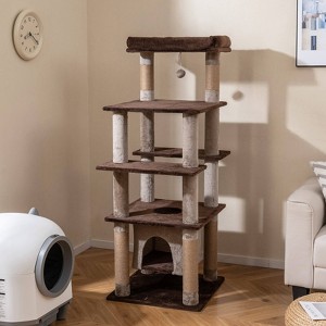 Costway Large Multi-level Cat Tree 58" Tall Cat Tower with Swaying Aerial Condo Perch Bed Brown/Beige - 1 of 4