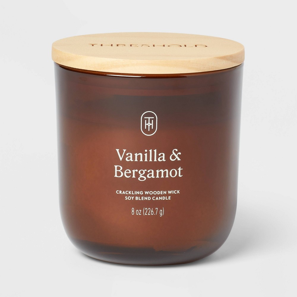 Amber Glass Wooden Wick Vanilla and Bergamot Jar Candle 8oz - Threshold