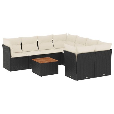 vidaXL 9 Piece Patio Sofa Set with Cushions Black and Cream Poly Rattan - 4x Corner + Table + 4x Middle