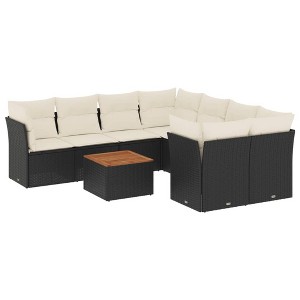 vidaXL 9 Piece Patio Sofa Set with Cushions Black and Cream Poly Rattan - 4x Corner + Table + 4x Middle - 1 of 4