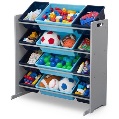 Gray and Blue Wooden Kids Toy Storage Organizer with 12 Plastic Bins