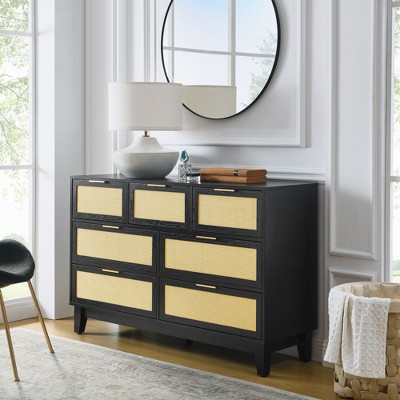 Okak 7-Drawer Dresser with 3 Rows,Rattan Chest of Drawers for Bedroom,Living Room,Entryway,Storage Dresser with Legs&Metal Handles
