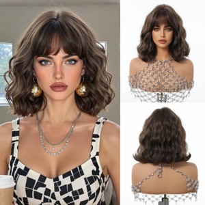 Brown Short Wavy Wigs With Bangs Daily Use Natural Fake Hair For Women Party Lolita Heat Resistant Synthetic Wigs - 1 of 4