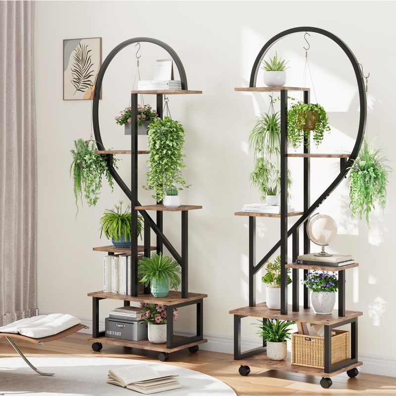 Set of 2 Metal 6-Tier Tall Plant Stands with Detachable Wheels and Drawers, Half Heart Shape Design for Indoor/Outdoor Home, Garden, Patio, Balcony, 2 of 8