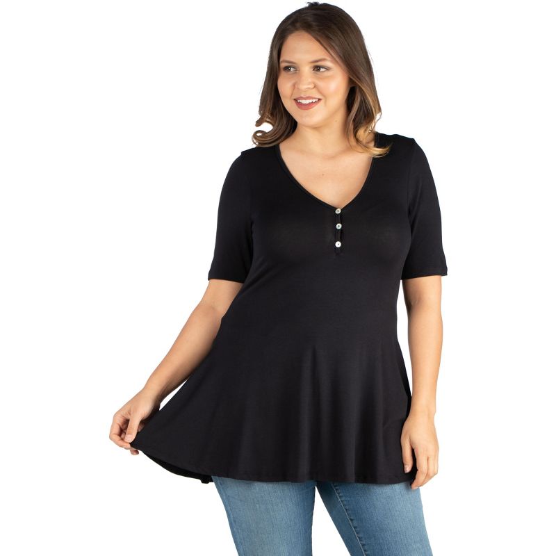 24seven Comfort Apparel Womens Elbow Sleeve Henley Plus Size Tunic Top, 1 of 5