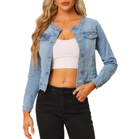 Inspire Chic Women s Button Down Collarless Long Sleeve Jean Jackets Light Blue X small Target