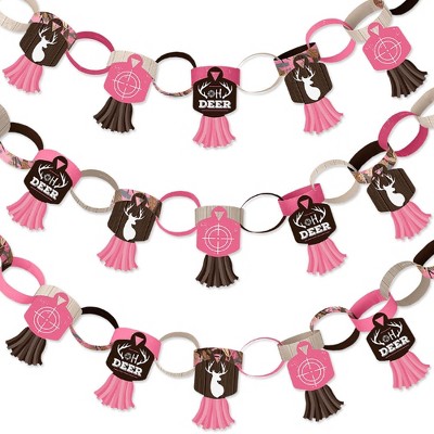 Big Dot of Happiness Pink Gone Hunting - 90 Chain Links & 30 Paper Tassels Decor Kit - Girl Baby Shower or Birthday Party Paper Chains Garland - 21 ft