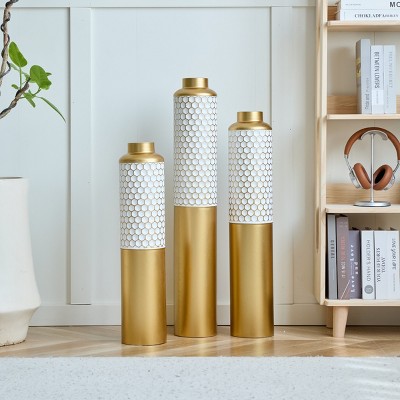 FURNIinspire Decorative Vases 3 Piece Floor Metal Vase Modern Decoration Home Droplet Shaped Large Glazed Metal Vase, Gold, 5.59"*5.59"*32.6"