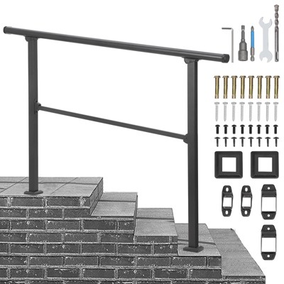 Handrails for Outdoor Steps, Black Wrought Iron Stair Handrail with Installation Kit, Metal Porch Railing
