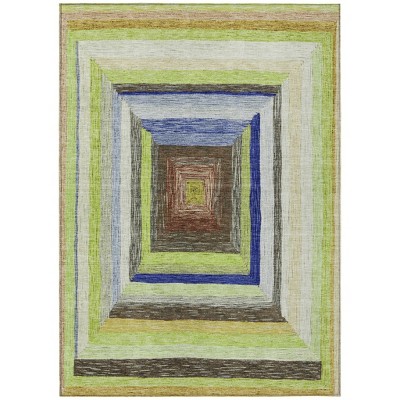 HomeRoots 9' X 12' Lime Green Navy Blue And Brown Geometric Washable Indoor Outdoor Area Rug