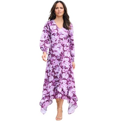 Roaman's Women's Plus Size Blouson-Sleeve Ruffle Maxi Dress