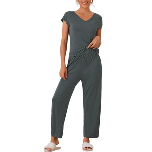 cheibear Women's Short Sleeve Top with Long Pants Modal Casual 2 Piece Loungewear Set - image 1 of 4