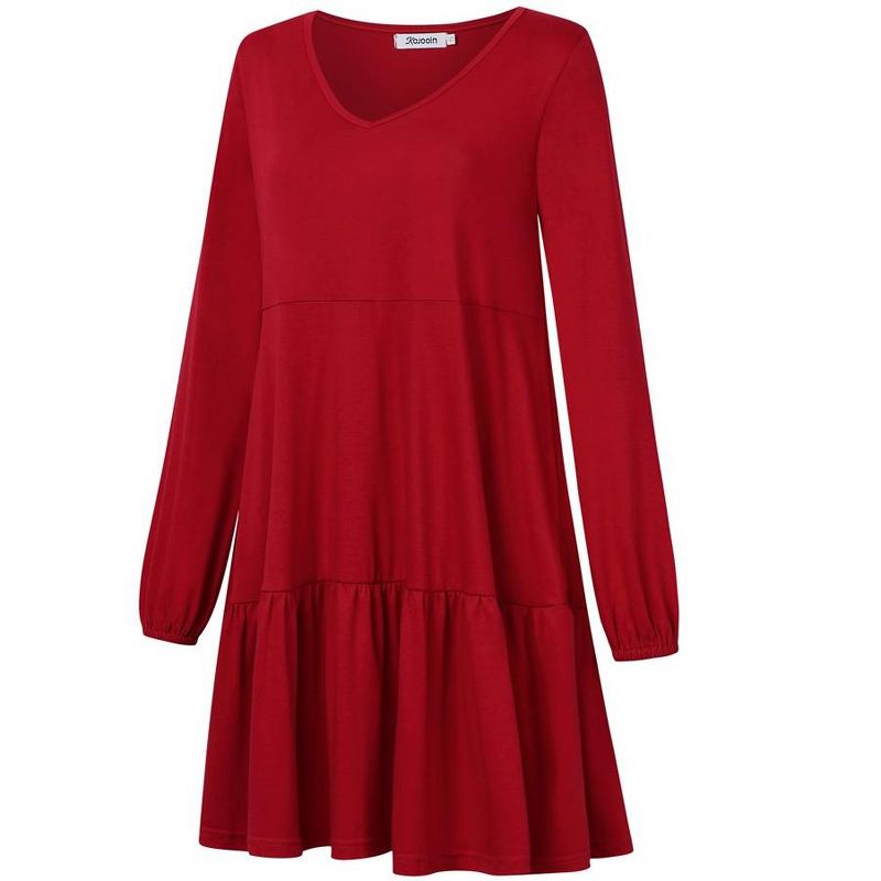 Women Long Sleeve Tiered Ruffle Dresses V-Neck Loose Tunic Pleated Dress with Pockets, 2 of 6