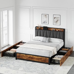 Full Size Bed Frame with Storage Linen Upholstered Headboard, 4 Drawers Platform Bed Frame - 1 of 4