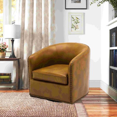 CAVINAS Faux Leather Barrel Swivel Accent Chair with Curved Backrest,Upholstered Swivel Living Room Chairs,Reading Chairs for Living Room
