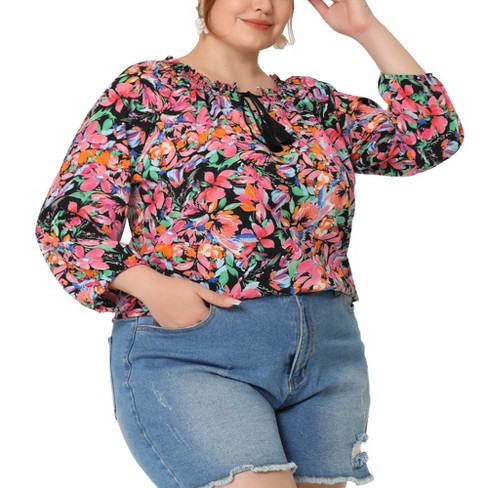 Agnes Orinda Women's Plus Size 3/4 Sleeves Self Tie Neck Floral