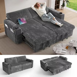 Dyonery 91" Sectional Sleeper Sofa Bed with Pull-Out Bed/5-Position Reclining Backrest/Storage Compartment/USB Ports/Cup Holders, Corduroy - 1 of 4