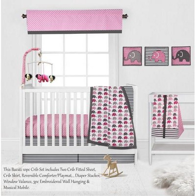 Bacati - Elephants Pink/Fuschia/Gray 10 pc Crib Bedding Set with 2 Crib Fitted Sheets