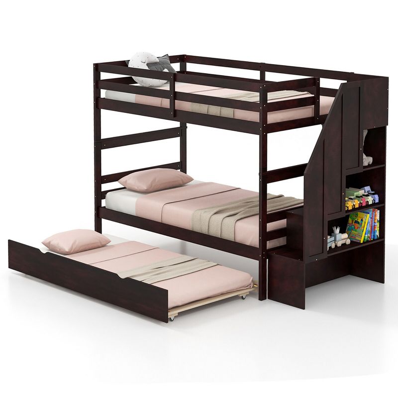 Tangkula Twin over Twin Wooden Bunk Bed w/ Trundle Storage Stairs Convertible, 1 of 11