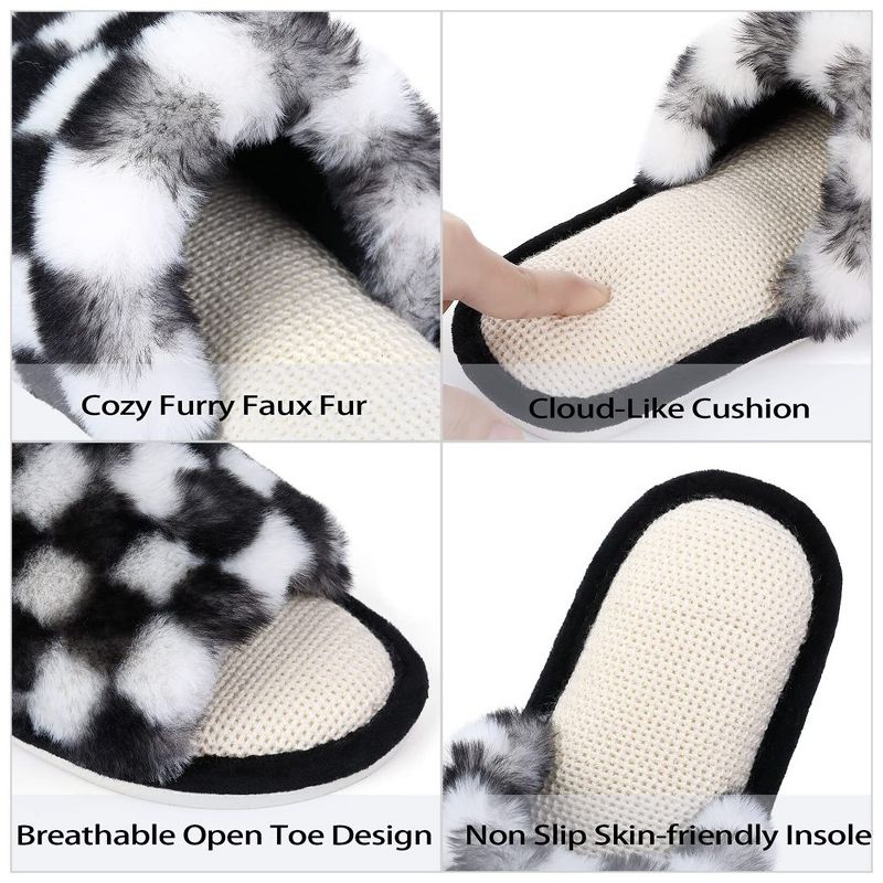 Women's Slip On Fuzzy House Slippers Open Toe Fluffy Plush Memory Foam Indoor Bedroom Slides, 3 of 8
