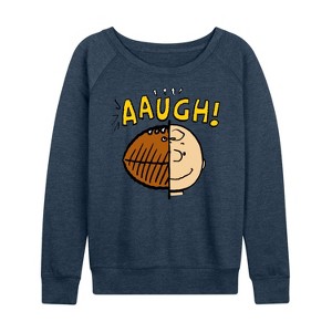Women's - Peanuts - C Brown Half Football Head Lightweight French Terry Wide Neck Long Sleeve Shirt - 1 of 4