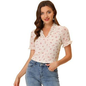 INSPIRE CHIC Women's Bell Sleeve V-neck Floral Ruffled Blouse - 1 of 4