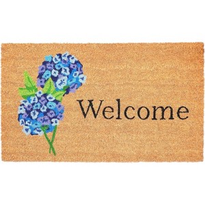 HomeRoots 17" X 29" Natural and Blue Coir Floral Welcome Outdoor Door Mat - 1 of 3