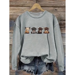 Coolmee Women Cow Sweatshirt Cute Animal Graphic Pullover Country Western Casual Long Sleeve Crewneck Tops - 1 of 3