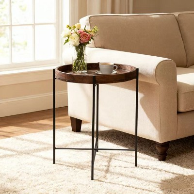 Homy Casa Round Wood Tray Top End Table with Black Metal Frame, Walnut