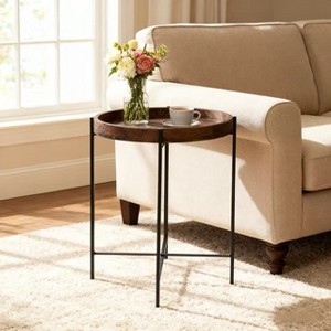 Homy Casa Round Wood Tray Top End Table with Black Metal Frame, Walnut - 1 of 4