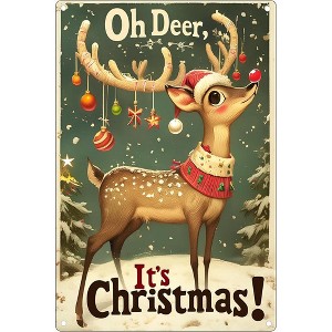 Lomsoe Vintage Christmas Metal Sign ¨C ¡°Oh Deer, It¡¯s Christmas¡± 8x12 Inch Tin Wall Art, Rustic Reindeer Holiday Decoration and Gift - 1 of 4