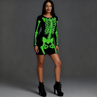 Joyfy Women's Glow in the Dark Skeleton Dress - Halloween Costume for Adults, Spooky Skeleton Bodysuit Party Outfit