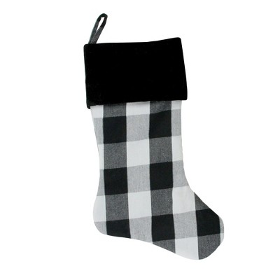 Northlight 20" White and Black Buffalo Plaid Christmas Stocking with Velvet Cuff