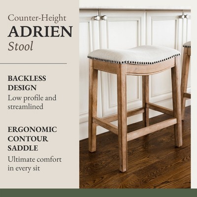 Weathered Oak Backless Saddle Kitchen Stool with Nailhead Trim
