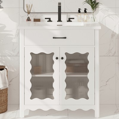 Grungis Modern Bathroom Vanity with Tempered Glass,Freestanding Bathroom Cabinet with Rubber Wood Legs and Soft Close Doors