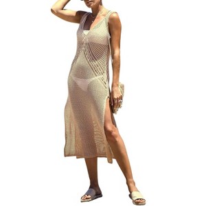 Womens Beach Cover Slit V Neck Sheer Tank Dress Boho Beach Dress Beach Cover Ups for Bikini Bathing Suits Cover-Ups - 1 of 4