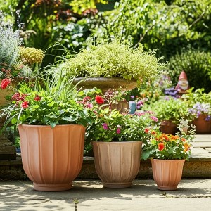 Set of 3 Decorative Clay Planters - Ribbed Design Pottery Flower Pots - Durable & Weather-Resistant for Home & Garden - 13", 10", 8" Red & Orange - 1 of 4