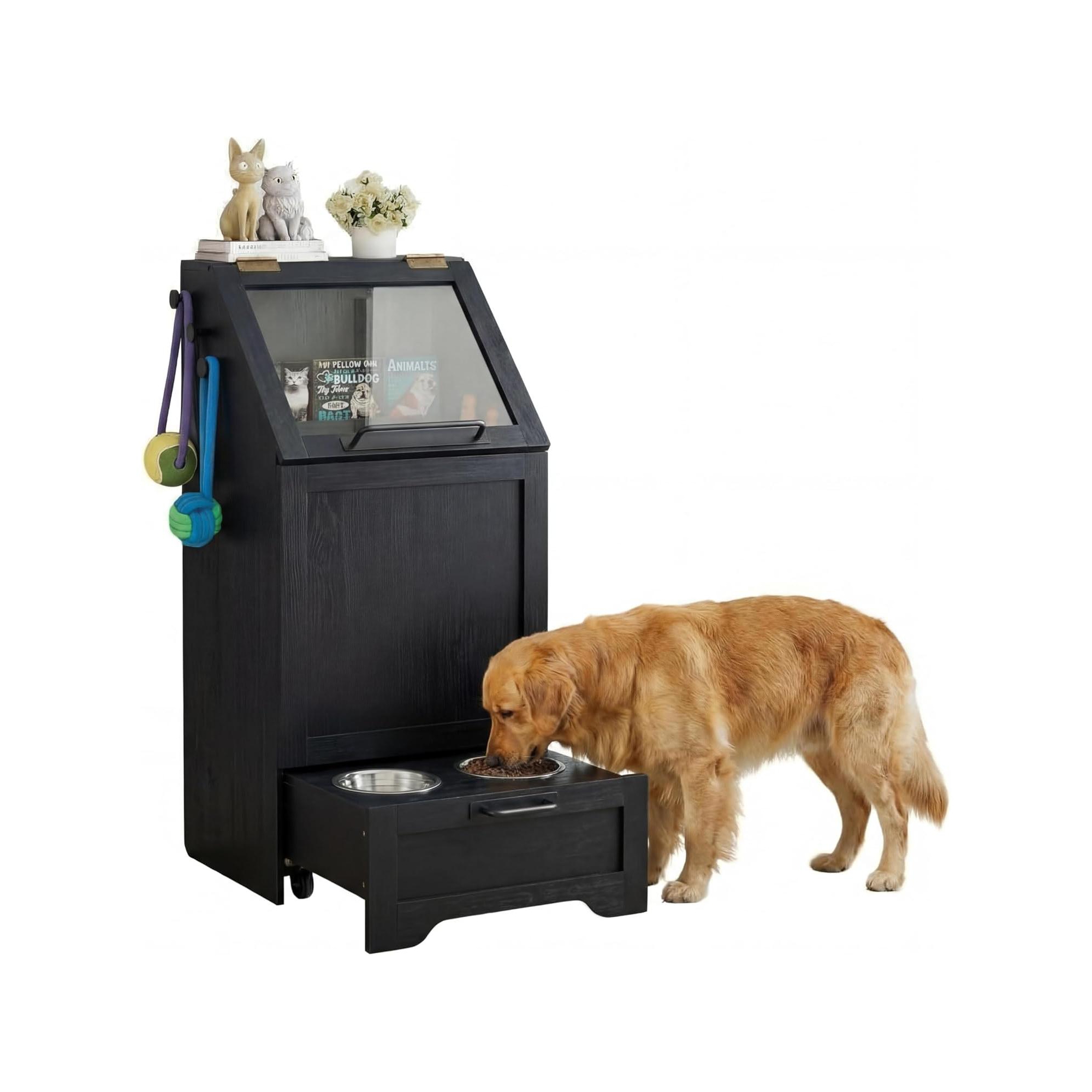Acekool Rustic Dog Food Storage Cabinet with Elevated Feeding Station & Wheels for Kitchen & Living Room