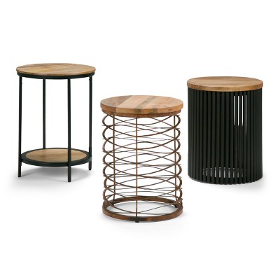 Natural Wood and Black Metal Round Accent Table