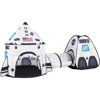 Syncfun White Rocket Ship Pop up Play Tent with Tunnel and Playhouse Kids Indoor Outdoor Spaceship Tent Set