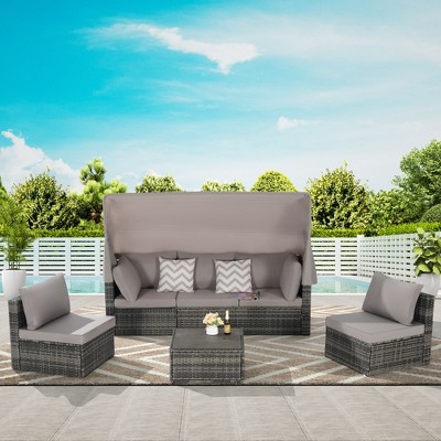 5-Piece Outdoor Patio Wicker Daybed Furniture Set with Retractable Canopy Storable Side Table and Soft Cushions