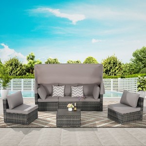 Sapphtopaz Outdoor Patio Furniture Set Wicker Outdoor Couch with Retractable Canopy and Storable Side Table for Outdoor, Backyard, Light Gray - 1 of 4