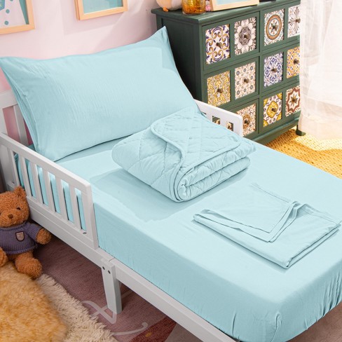 4 Piece Toddler Bedding Set Soft Crib Bedding Set Includes Quilted Comforter Fitted Sheet Flat Sheet and Pillowcase Aqua NTBAY