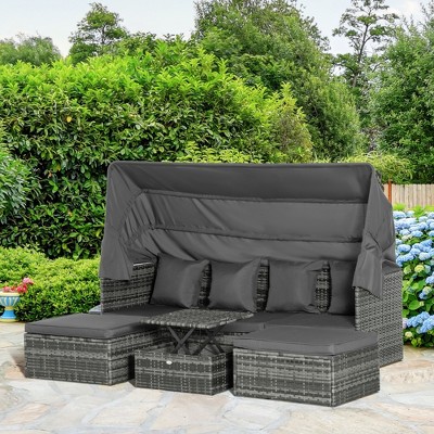Gray Steel 4-Piece Outdoor Rattan Sofa Set with Adjustable Canopy