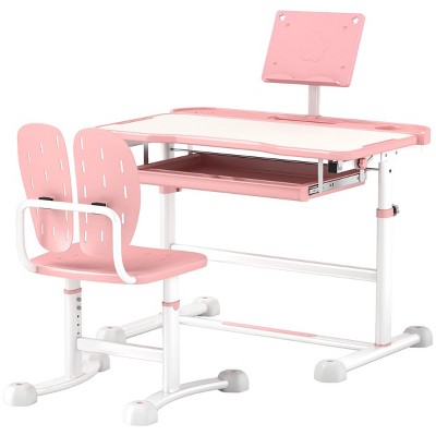 INFURNIC Kids Table Sets Height Adjustable Desk and Chair Set with Tilt Top and Book Stand for Study, Pink, 31.5"*19.7"*40.2"