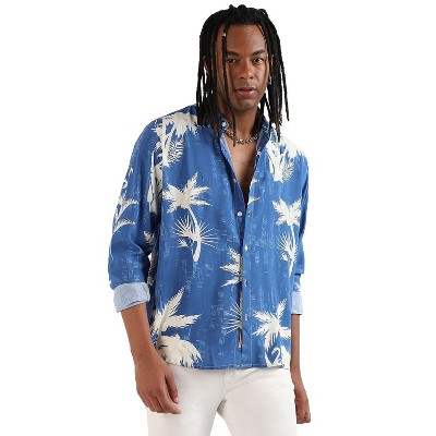 Campus Sutra Men Men's EcoLiva Cobalt Blue Palm Tree Shirt