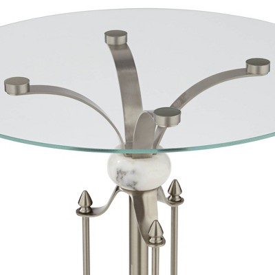 Modern Brushed Nickel 24" Round Metal Accent Table with Marble Accents