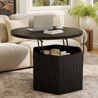 WOWLIVE Lift Top Fluted Coffee Table with Storage, Hexagon Wood Accent Cocktail Table for Living Room