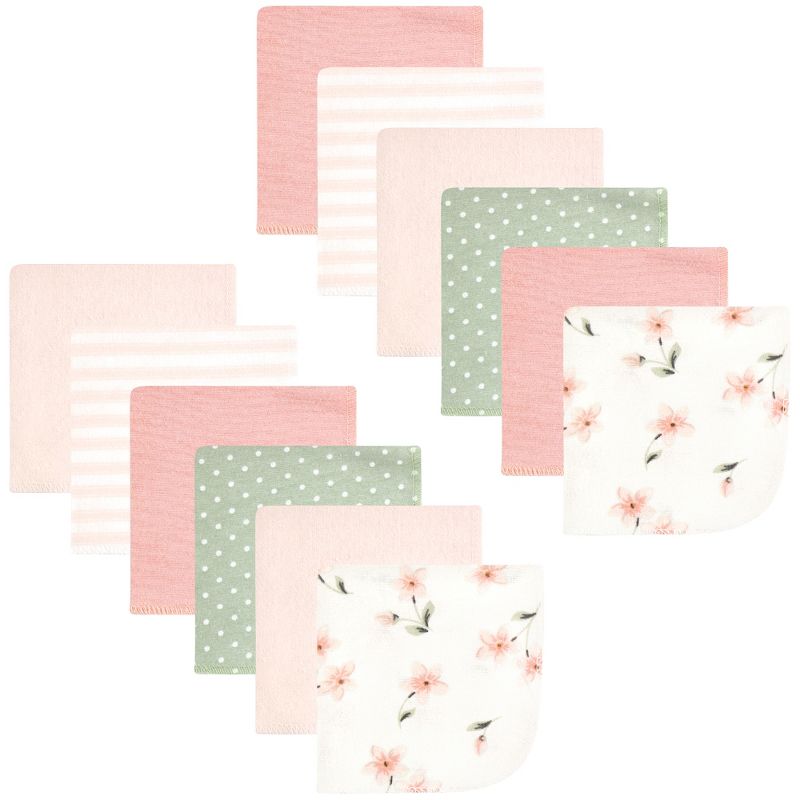 Hudson Baby Infant Girl Flannel Cotton Washcloths, Pink Dainty Floral 12 Pack, One Size, 1 of 8